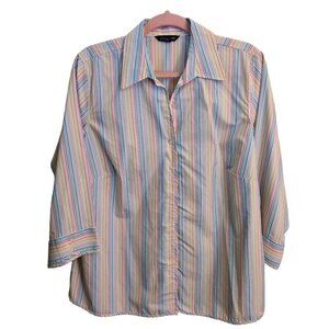 Lands' End Rainbow Striped 3/4 Sleeve Cotton Blend V Neck Blouse Size 16W